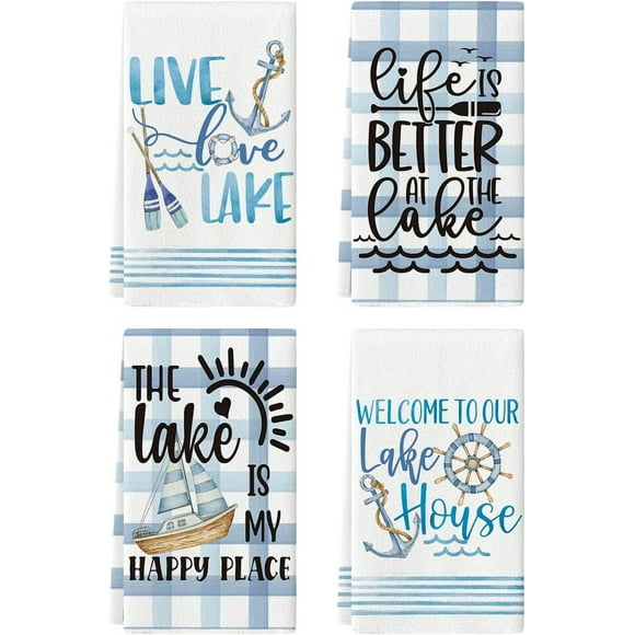 Buffalo Plaid Stripes Anchors Lake Summer Kitchen Towels Dish Towels, 18x26 Inch Seasonal Decoration Hand Towels Set of 4