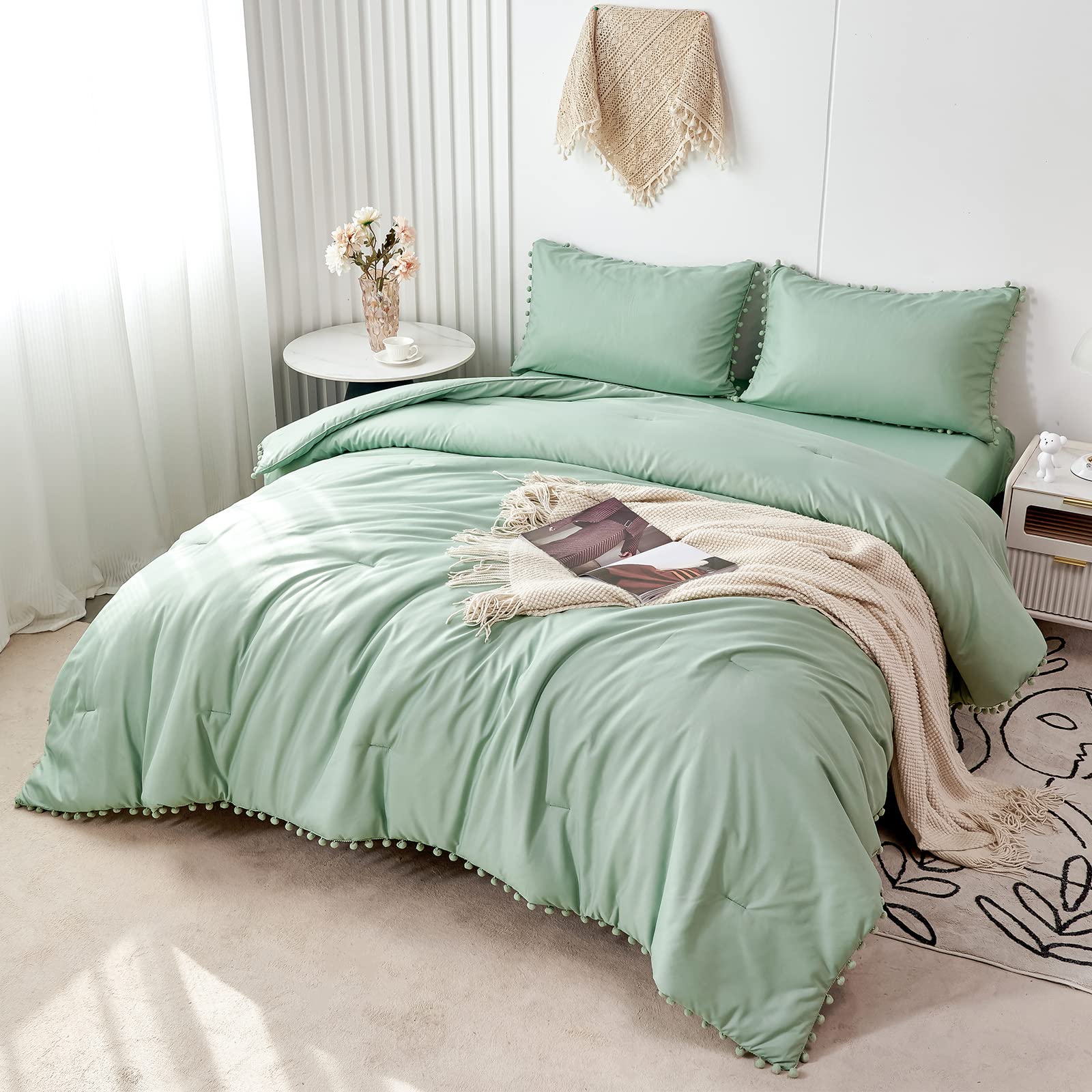 PERFEMET Sage Green Pom Pom Fringe Comforter Set Queen 5 Pieces Boho