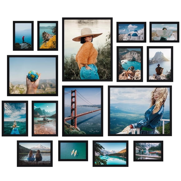 Giftgarden 16 Pack Black Picture Frames for Multi Sizes Photos, Assorted Set Including Two 11x14, Two 8x10, Six 5x7, Six 4x6, Gal