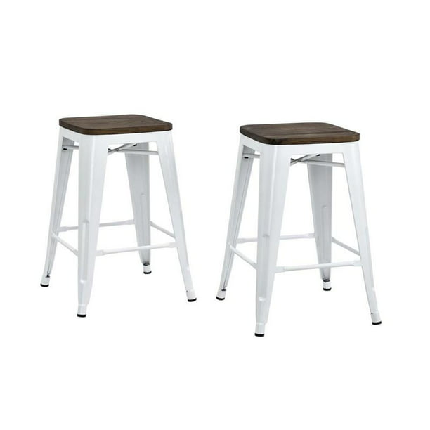 Woven Paths Fusion 24 Metal Backless, White Metal And Wood Bar Stools