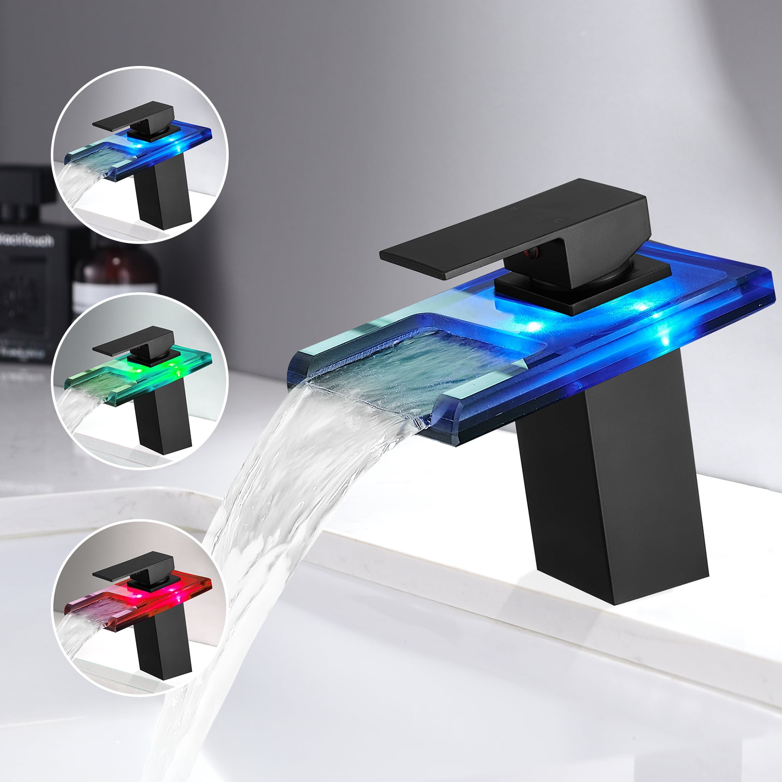 Bathroom Sink Faucet Replacement Bathroom Sink Faucet LED Light 3 Colors Changing Waterfall Glass Spout Hot Cold Water Mixer Single Handle One Hole Deck Mounted Bathroom Faucet Black Lavatory Vanity