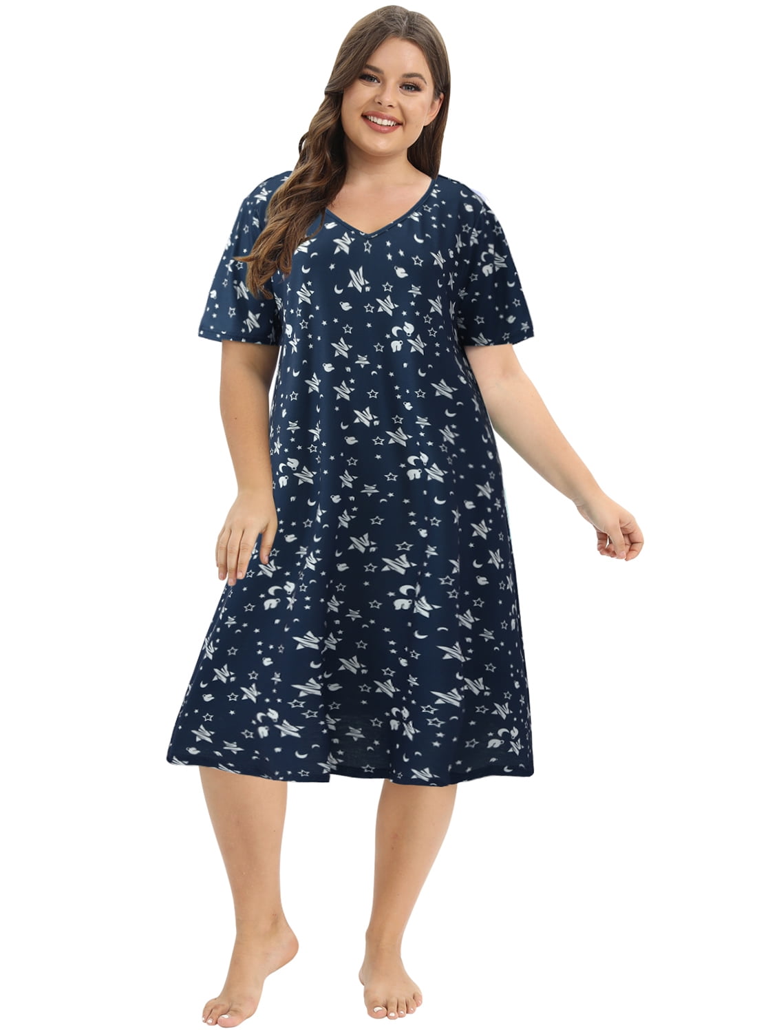 WBQ Womens Nightdress Ankle-Length Nightgowns Short Sleeve V Neck ...