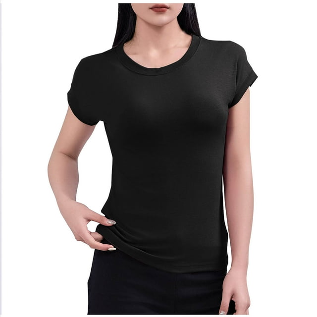 T-shirt à Manches Courtes pour Femmes, Col Rond, Tissu en Polyester, Doux et Confortable, Tenue Décontractée, Usage à la Maison Ou Quotidien, Noir G