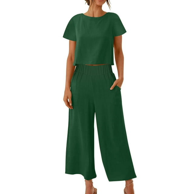 zanvin Ensembles 2 Pcs pour Femmes, Ensembles Assortis d'Été 2 Pcs pour Détente pour Femmes, Tenues Unies en Lin, Hauts à Col Rond à Manches Courtes et Pantalons Longs, Survêtements