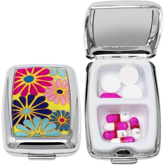 Set of 2 Dual-Compartment Rectangular Pocket Purse Pill Box & Organizer With Insert (Daisy Medley)