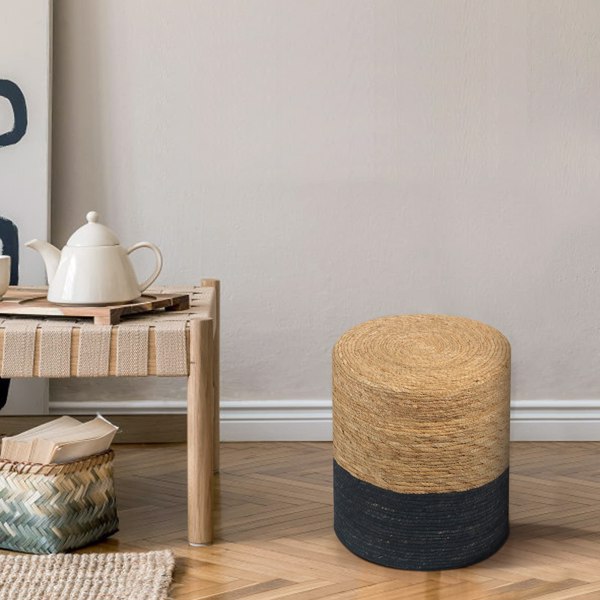 Ottoman Poof, Natural Seagrass Poufs, Hand Weave Round Footstool, Pouffe Accent Chair, Sitting Braided Footrest W/Jute Cover, Home Decorative Seat for Living Room