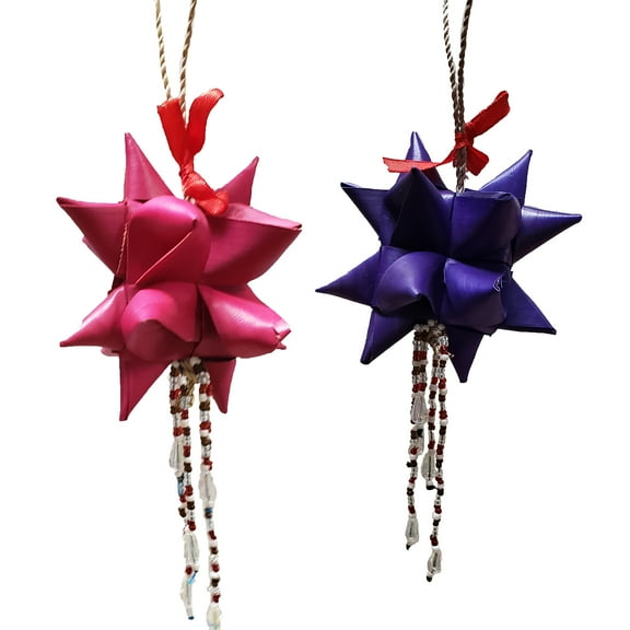 The Ilima Star is Created by Our Talented Artisans Using Strips Of Palm Leaf and Amazing Technique of Origami. Strands of Beads Makes This Hanging Ornament Out Of This World Set of 2
