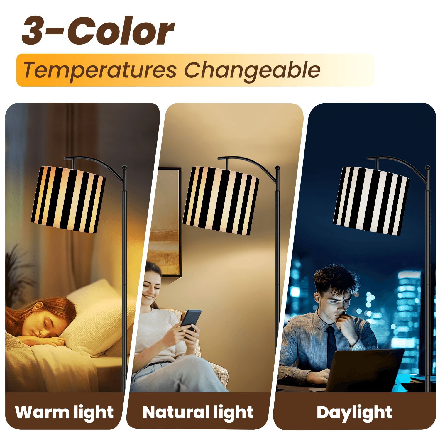 Arc Floor Lamp Striped black white Tall Modern Standing Lamp LED Adjustable Linen Lampshade 3 Color Temperatures