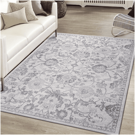 5' x 7' Grey Polyester Oriental Area Rug for Living Room Decor