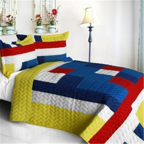 Marionnaud - Vermicelli-Quilted Patchwork Geometric Quilt Set  Full & Queen - Blue