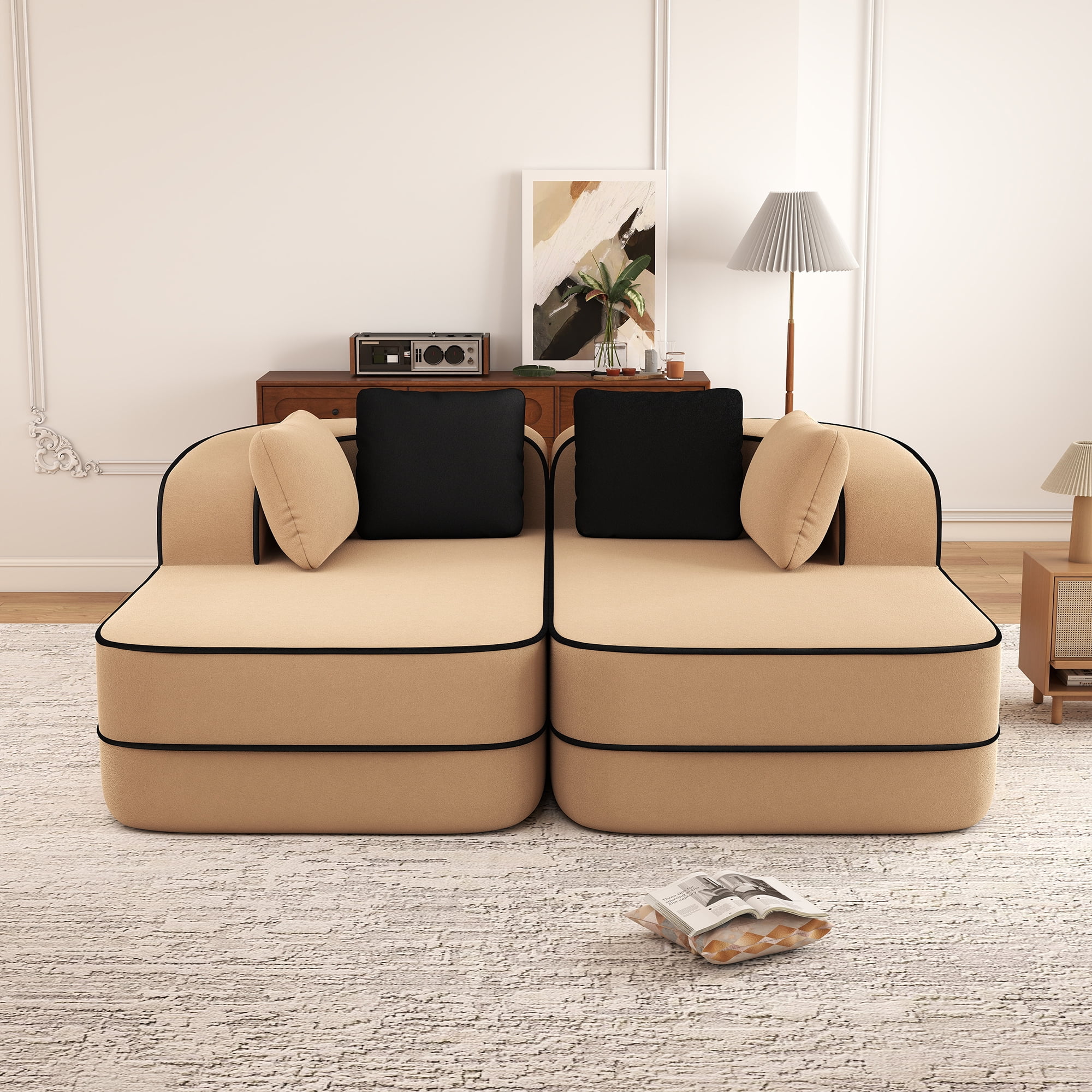 Aukfa 77" Double Chaise Sleeper Sofa, 2-Piece Modular Sectional, Teddy Velvet, Camel