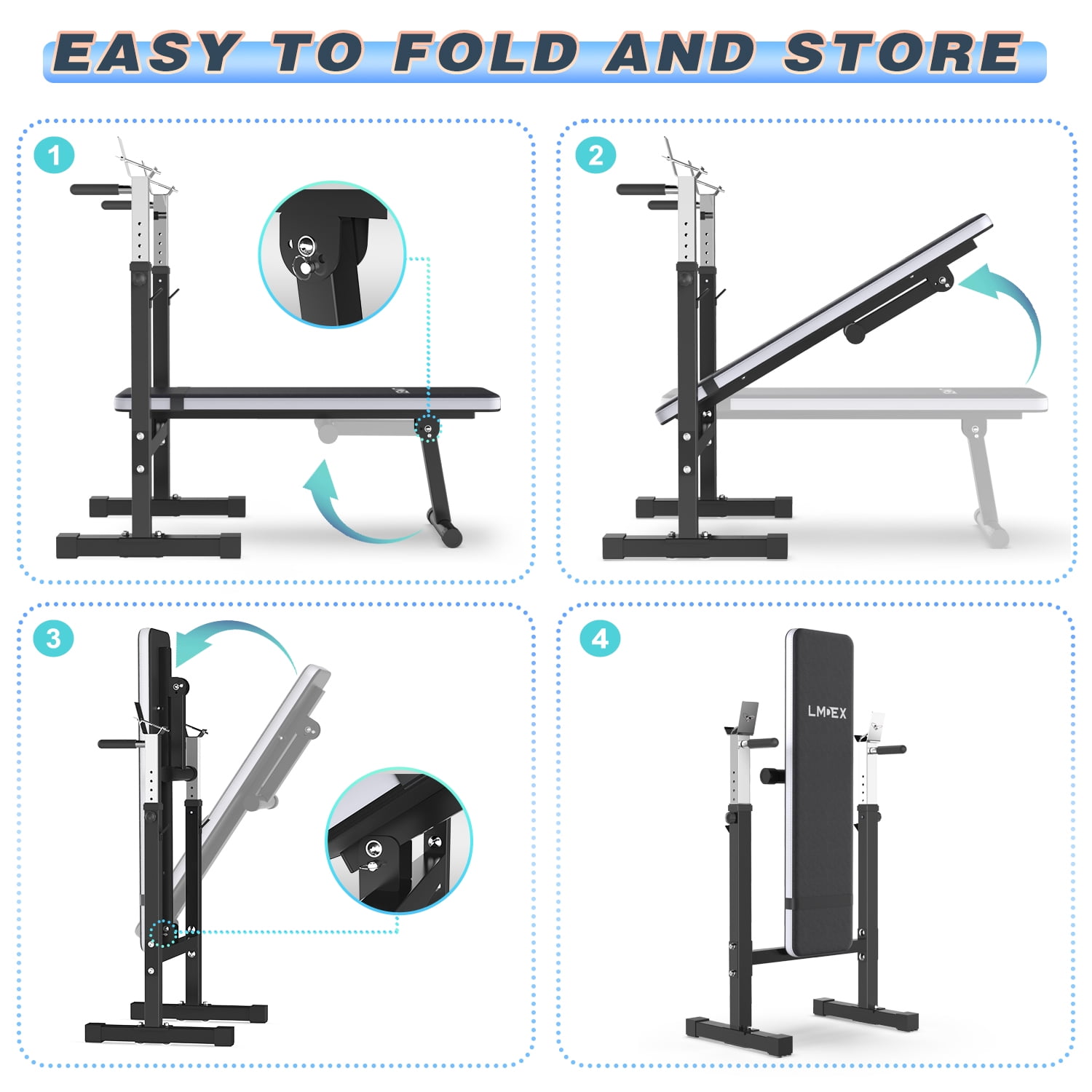 Lmdex Adjustable Weight Bench Press with Squat Rack & Folding Dip Station, Complete Home Gym Set with 150lbs Weight Plates and Olympic Curl Bar for Full Body Strength Training (Grey）