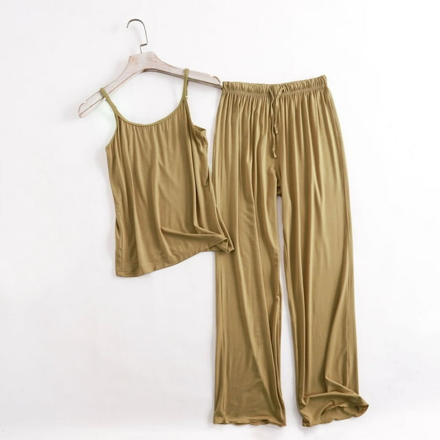 Women's Linen Blend Solid Color Suspender Pajama Set Casual Two-Piece Lounge Wear for Spring and Summer