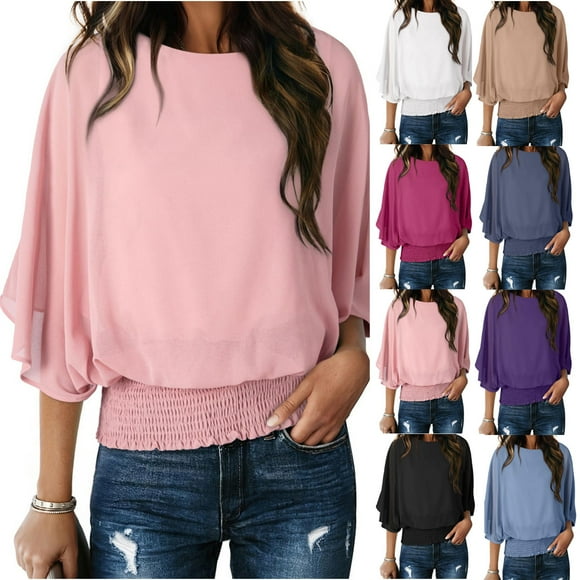 JDQJBZ Summer Womens Tops,3/4 Sleeves Tops For Women Shirts For Women Solid Color Crew Neck Casual Blouse Spring Summer Everyday Wear Top