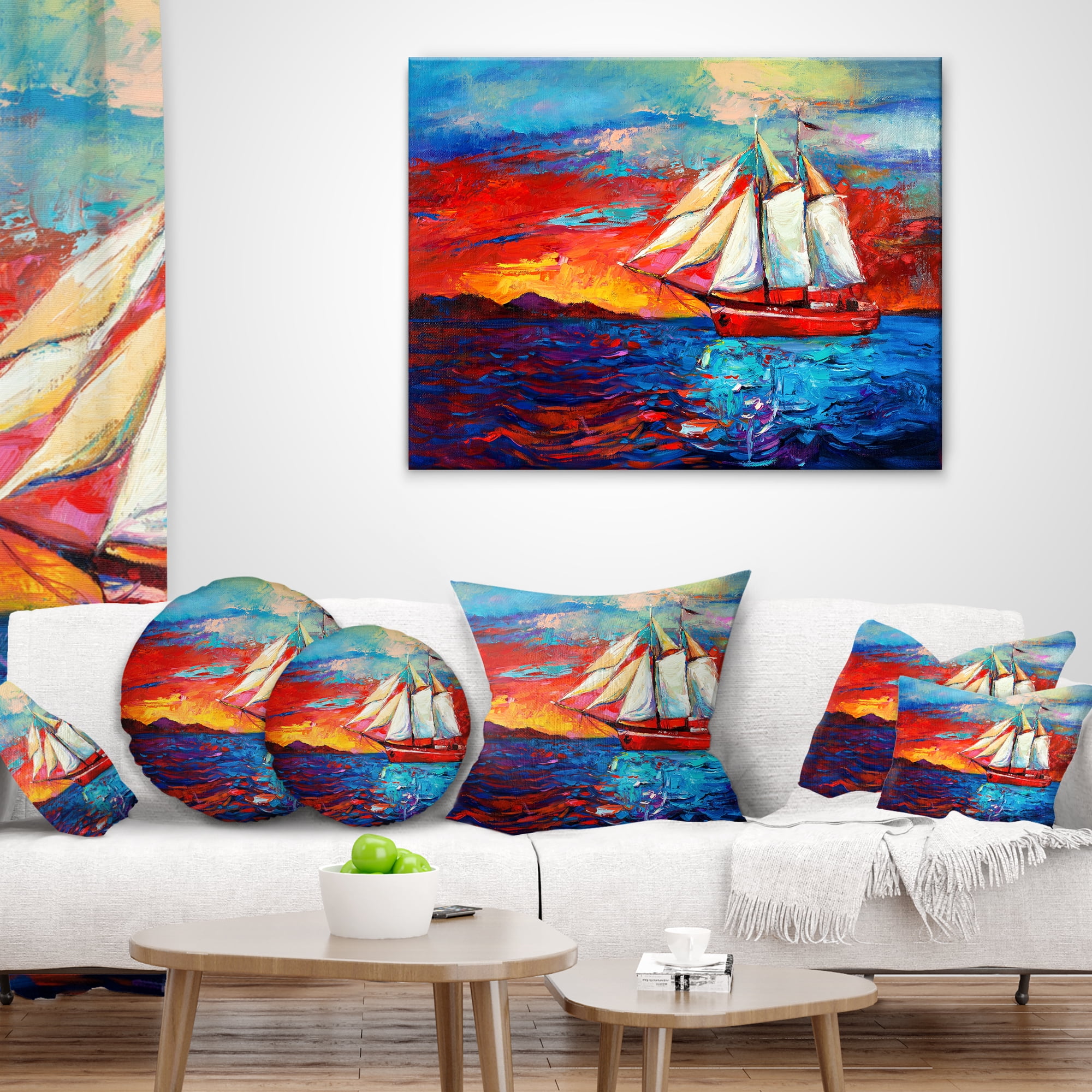Designart Sail Ship During Sunset - Seascape Throw Pillow - 16x16