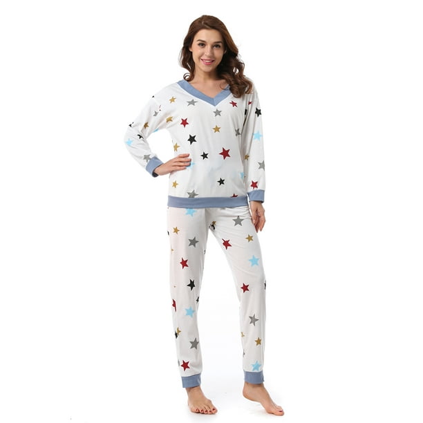 MintLimit Women Star Pattern Pajamas Set Pj Long Sleeve Top and Pants Womens  Pjs Sleepwear Nightwear Soft Lounge Sets V Neck White S 