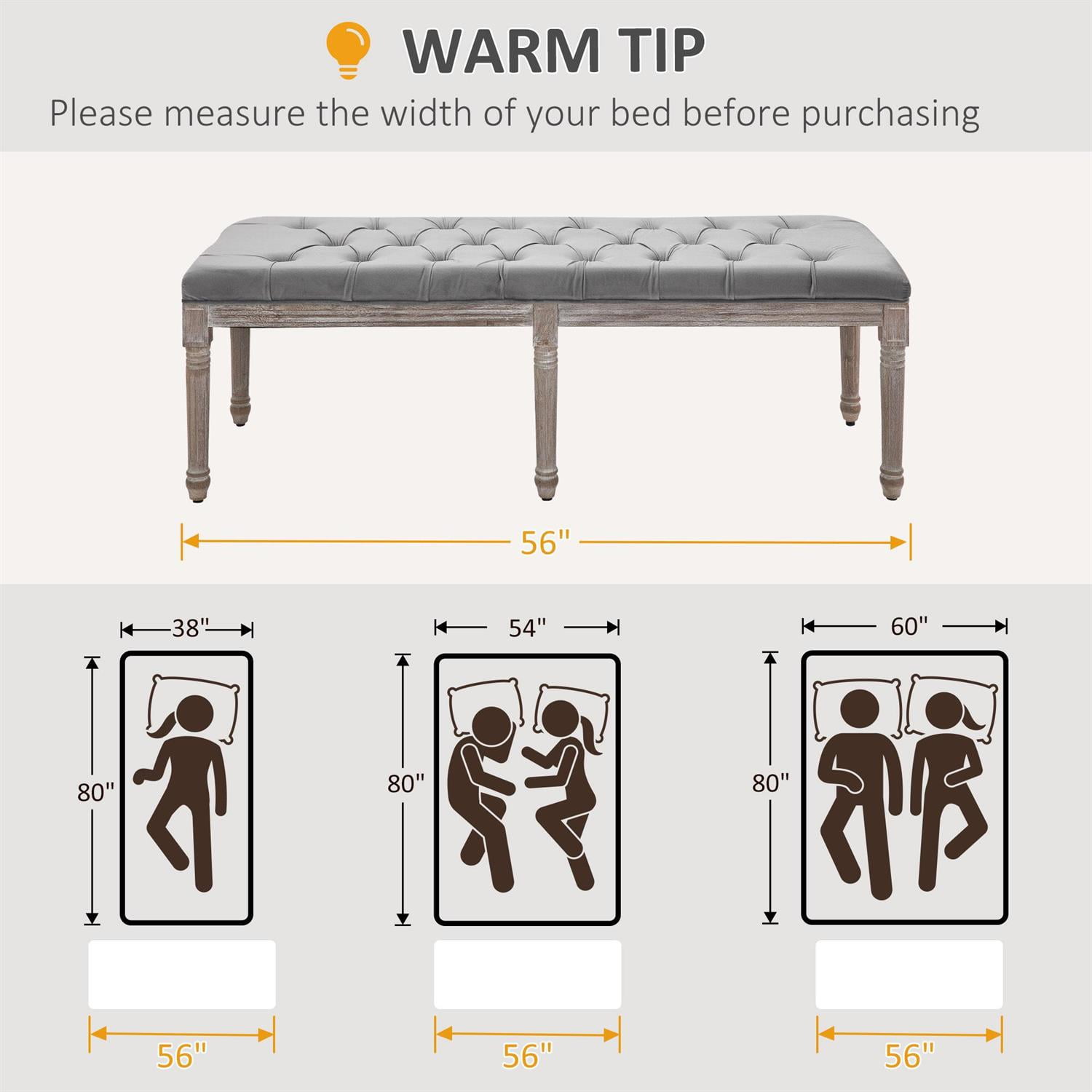 Demi Bonn 56" Bedside Bench, Upholstered Hallway Bench with Button Tufted Design, Thick Padding & Wood Legs, French Vintage Ottoman Style for Living Room, Gray