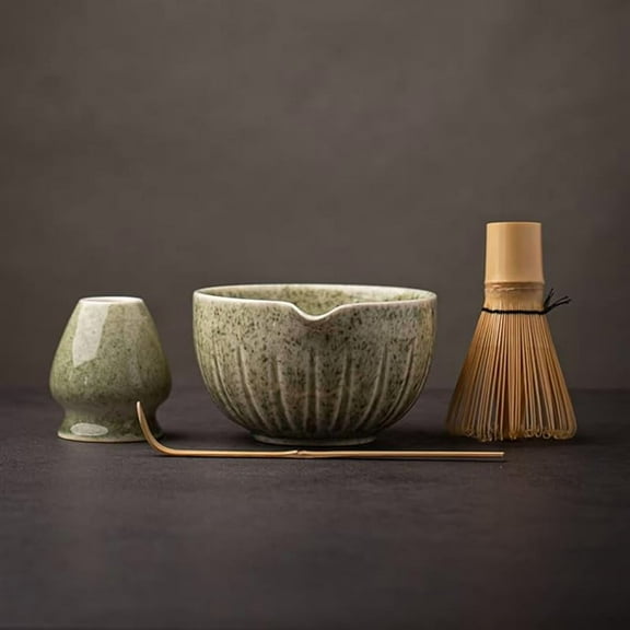 WZW Matcha Set - Match Bowl with Spout and Whisk, 15 OZ, Matcha Scoop | Matcha Whisk Stand (Chasen Holder) - 4pc Perfect Matcha Kit for Matcha Tea Ceremony (Mottled Green)