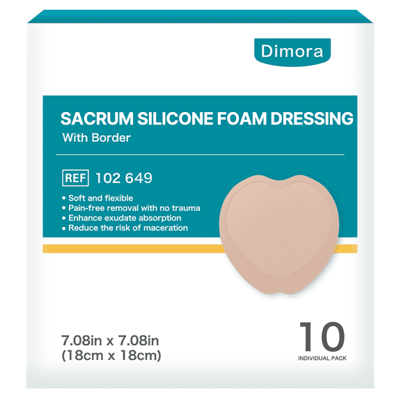 Dimora Silicone Sacrum Foam Dressing with Border, 7" x 7" Waterproof Sacral Pads for Bed Sores, High Absorbent & Breathable Wound Care Bandage for Coccyx Pressure Relief, 10 Pack