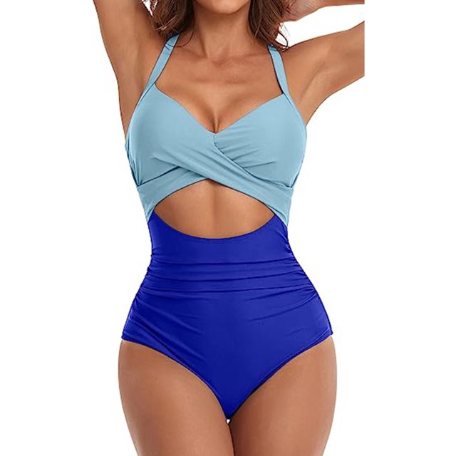 Daeful Women One Piece Swimsuit Gradient Swimwear Hot Spring Long Sleeve Backless Bathing Suits Sky Blue + Sapphire Blue S