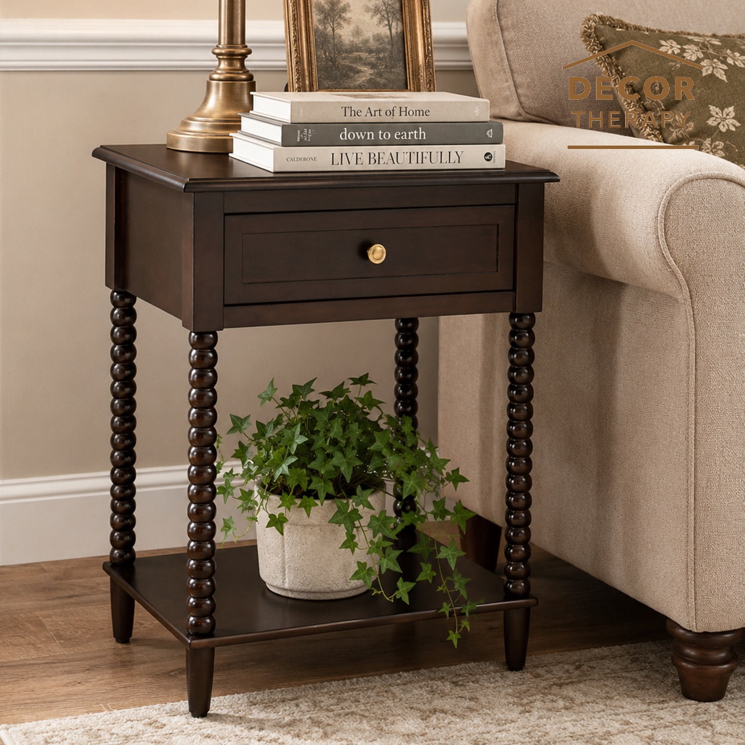 Decor Therapy Preston Traditional Single Drawer Side Table, Classic Bedside End Table with Lower Shelf, Walnut