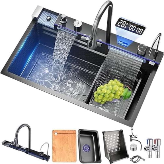 Waterfall Kitchen Sink, Stainless Steel Single Bowl Digital Display Smart Sink Drop In With Various Accessories Dark Gray, 29.5 x17.7 x8.7