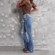 thumbnail image 4 of Gibobby Pantalones rasgados ajustados altos con cremallera retro para mujer, pantalones de mujer con cintura elástica y botones (Light blue, L), 4 of 5