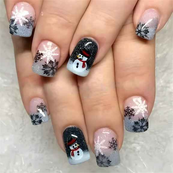 24 Pcs Christmas Artificial Nails Snowflakes False Nails Snowman Full Covers Stick on Nails Glittering Press On Nails
