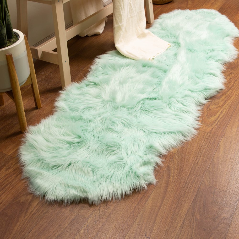 Ultra Soft Faux Sheepskin Fur Shag Rug Mint Green 2' x 6' Sheepskin