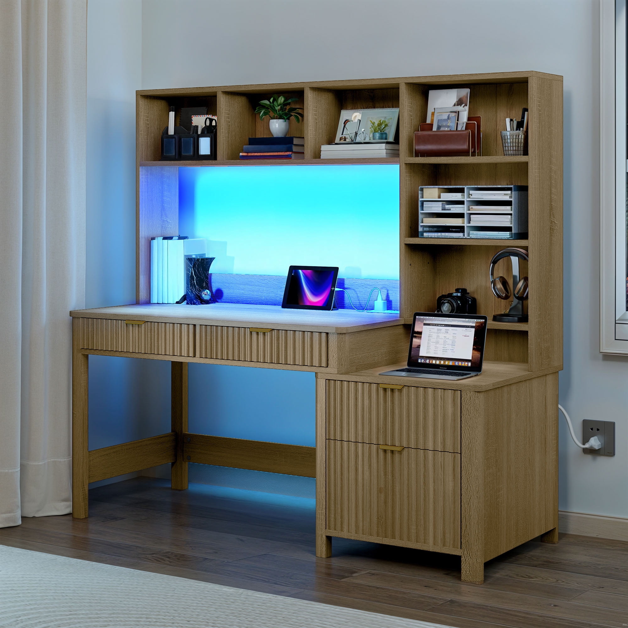 Craftian 55" Computer Desk with LED Light & Hutch,  Home Office Desk Executive Desk with Drawers, Oak