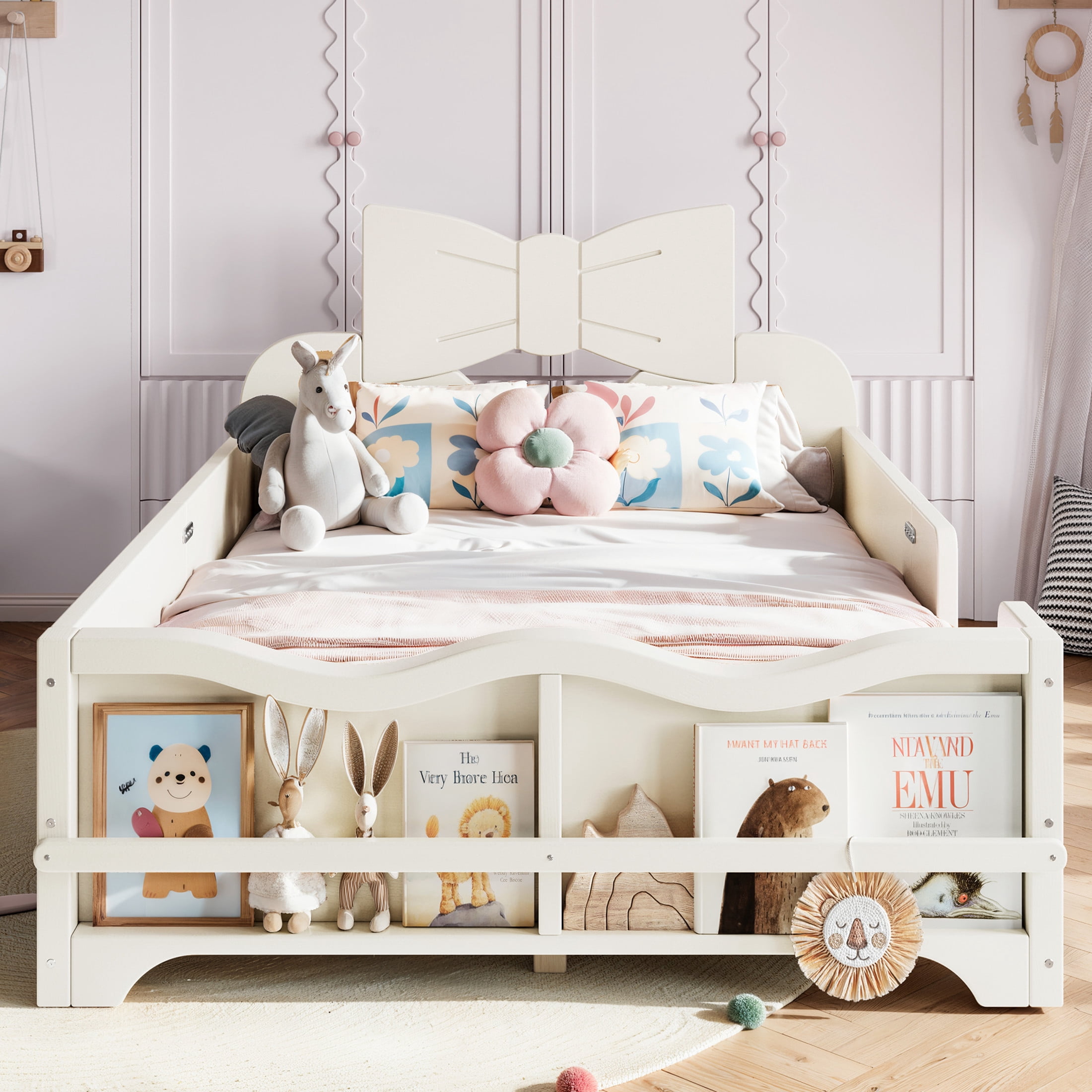 GDF Studio Twin Size Kids Platform Bed with Bowknot Headboard, Guardrails & Bookshelf, Beige