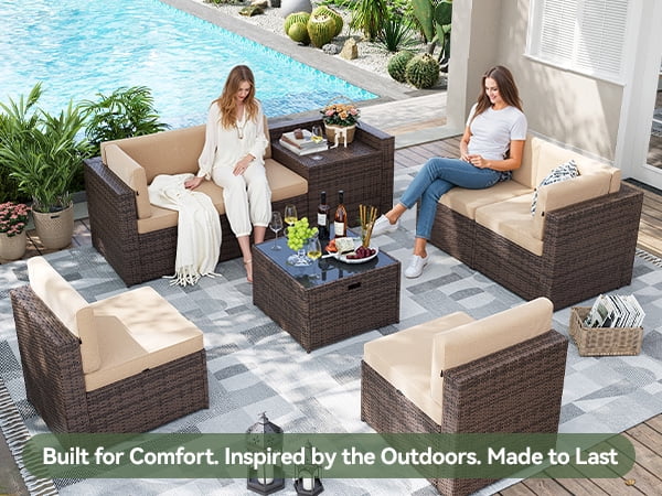 LazySunsets 8 Piece Patio Furniture Set, Wicker Outdoor Furniture with Large Storage Table, Beige