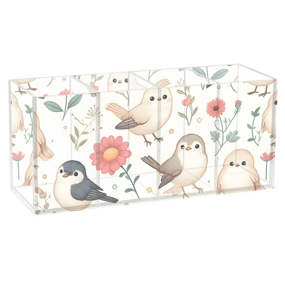 Cute Birds and Sunflowers Acrylic Pencil Pen Holder Cup 4 Compartments Desktop Organiser 7.87"x2.78"x3.54"