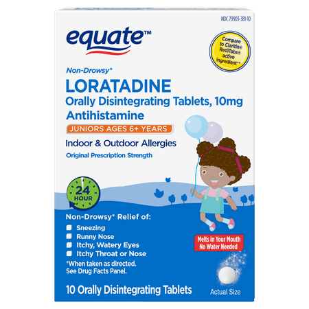 Equate Loratadine Orally Disintegrating Tablets, 10 mg, 24-Hour Allergy Medicine, Antihistamine, Melts in Your Mouth, for Ages 6 and up, 10 Count