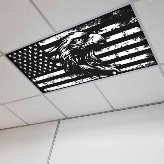 American Flag Fluorescent Light Covers, Black US Flag Eagle Magnetic Light Covers for Ceiling Lights, Fluorescent Ceiling Shade Filters for Classroom Bedroom Office 4x2Ft x 1PCS