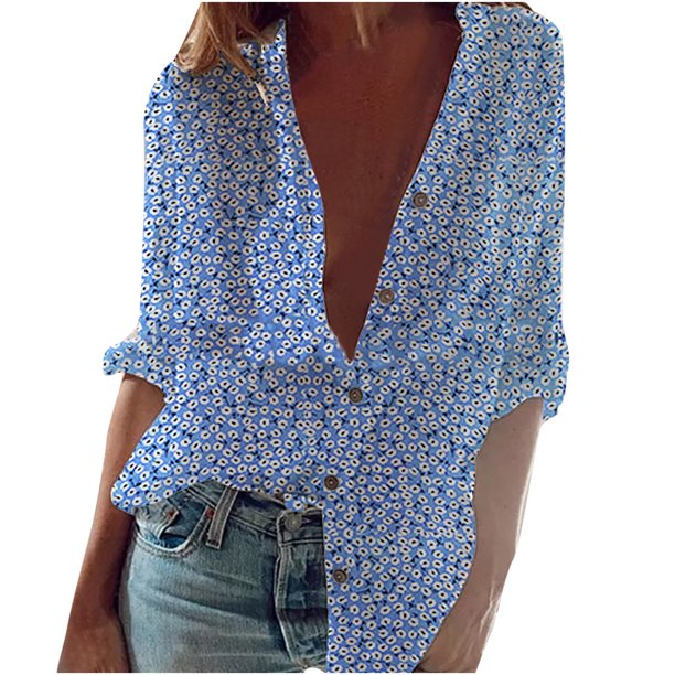 Button Down V Neck Shirts for Women Long Sleeve Blouse Roll Up Cuffed