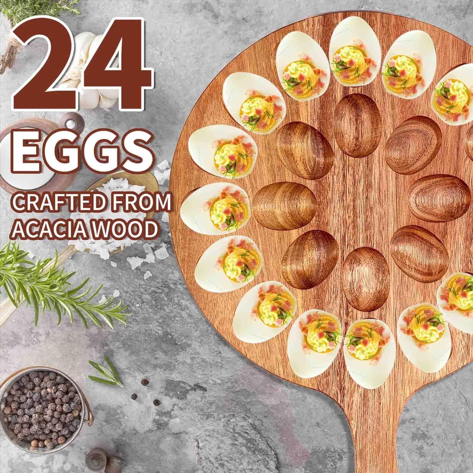 24 Holes Round Acacia Wood Deviled Egg Tray, Premium Wooden Deviled Egg Holder & Charcuterie Platter, Stylish Easter Deviled Egg Carrier for Home & Kitchen