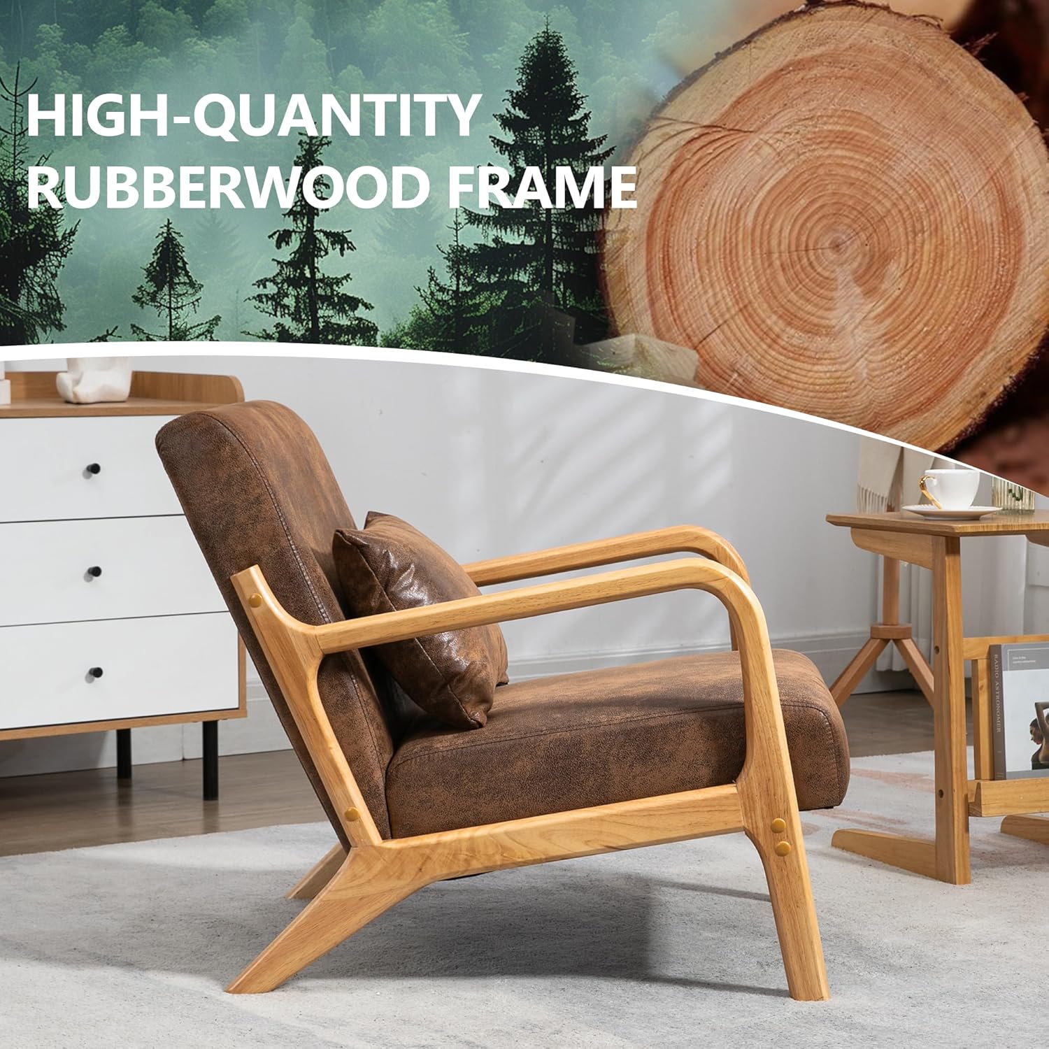 MOONMISS Mid-Century Modern Accent Chair, Velvet Fabric Arm Chair with Wood Frame and Pillow, Upholstered Armchair Comfort Reading Chair Lounge Chair for Living Room Bedroom Sunroom,Brown