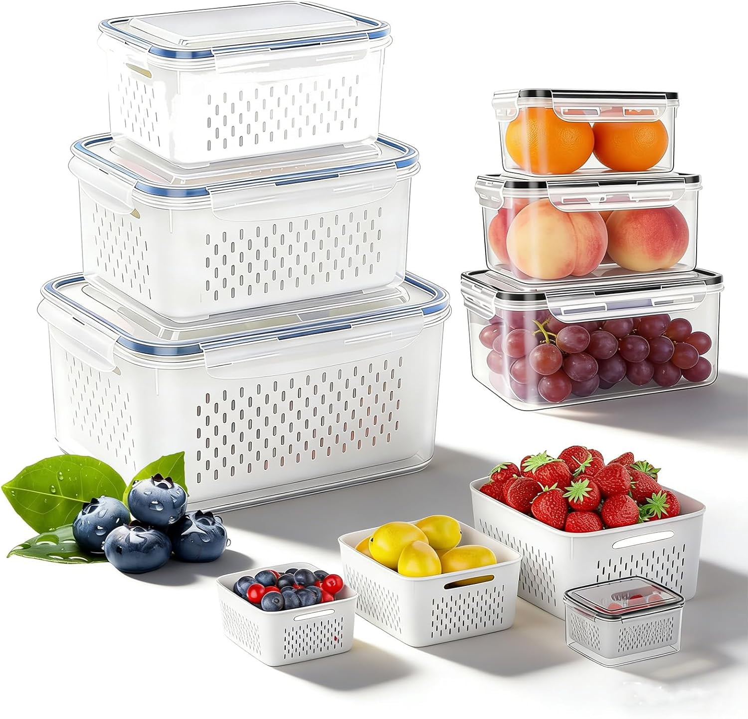 Fruit Storage Containers for Fridge, Produce Containers for Fridge with Removable Colander,4 in 1 Food Storage Container Keep Fruits, Vegetables, Berry, Meat Fresh longer (Gray)