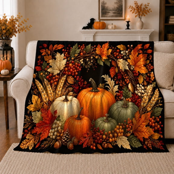 Harvest Pumpkins Framed By Autumn Leaves And Wheat, Soft Flannel Blanket with Detailed Harvest Illustration Print, Housewarming Gift and Home Decor for Bedroom and Living Room