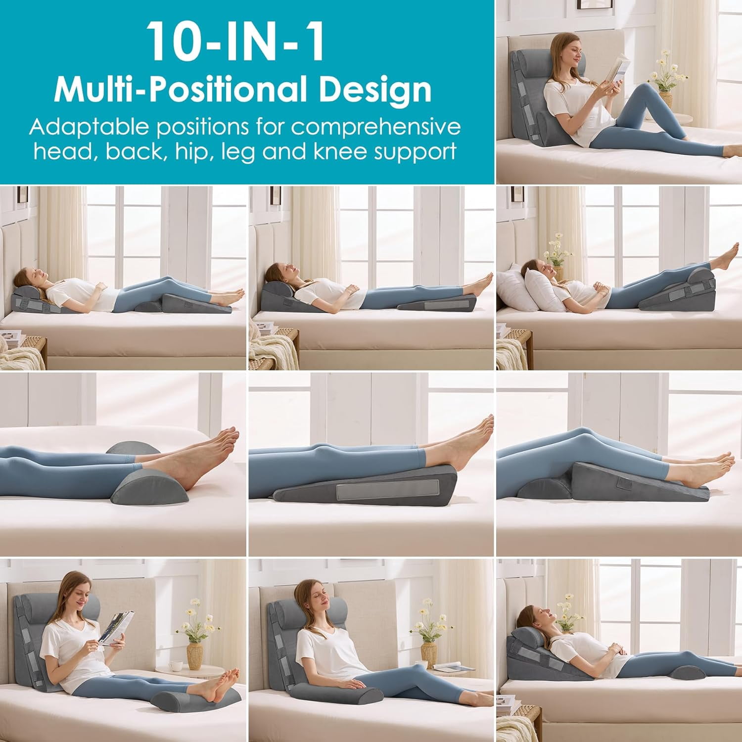 4Pcs Wedge Pillow Set for After Surgery,Acid Reflux Relief, Adjustable Bed Wedge Pillows for Sleeping,Anti Snore, Memory Foam Triangle Pillow for Back&Neck&Shoulder Pain Relief, Plush Grey