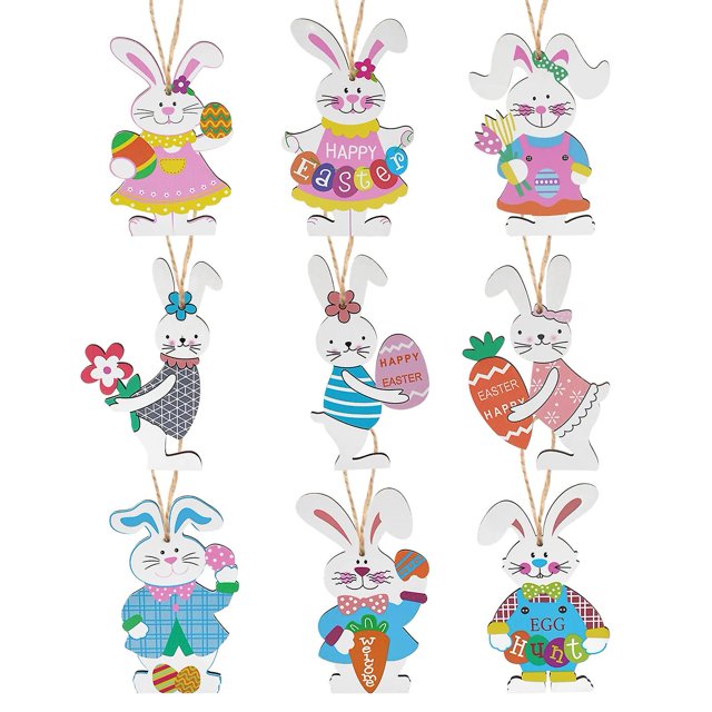 Adornos de Conejo de Pascua XCF Madera 9 Piezas para Colgar Manualidades para el Hogar