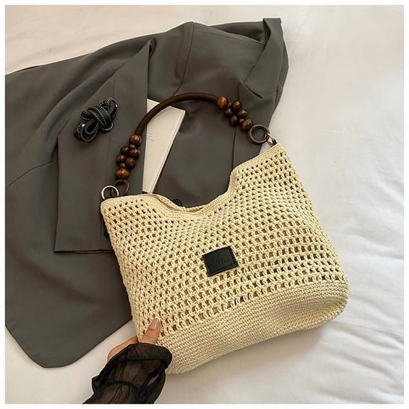 Straw Beach Bag for Women - Handmade Raffia Woven Tote Handbag, Summer Mesh Beach Purse for Vacation Holiday