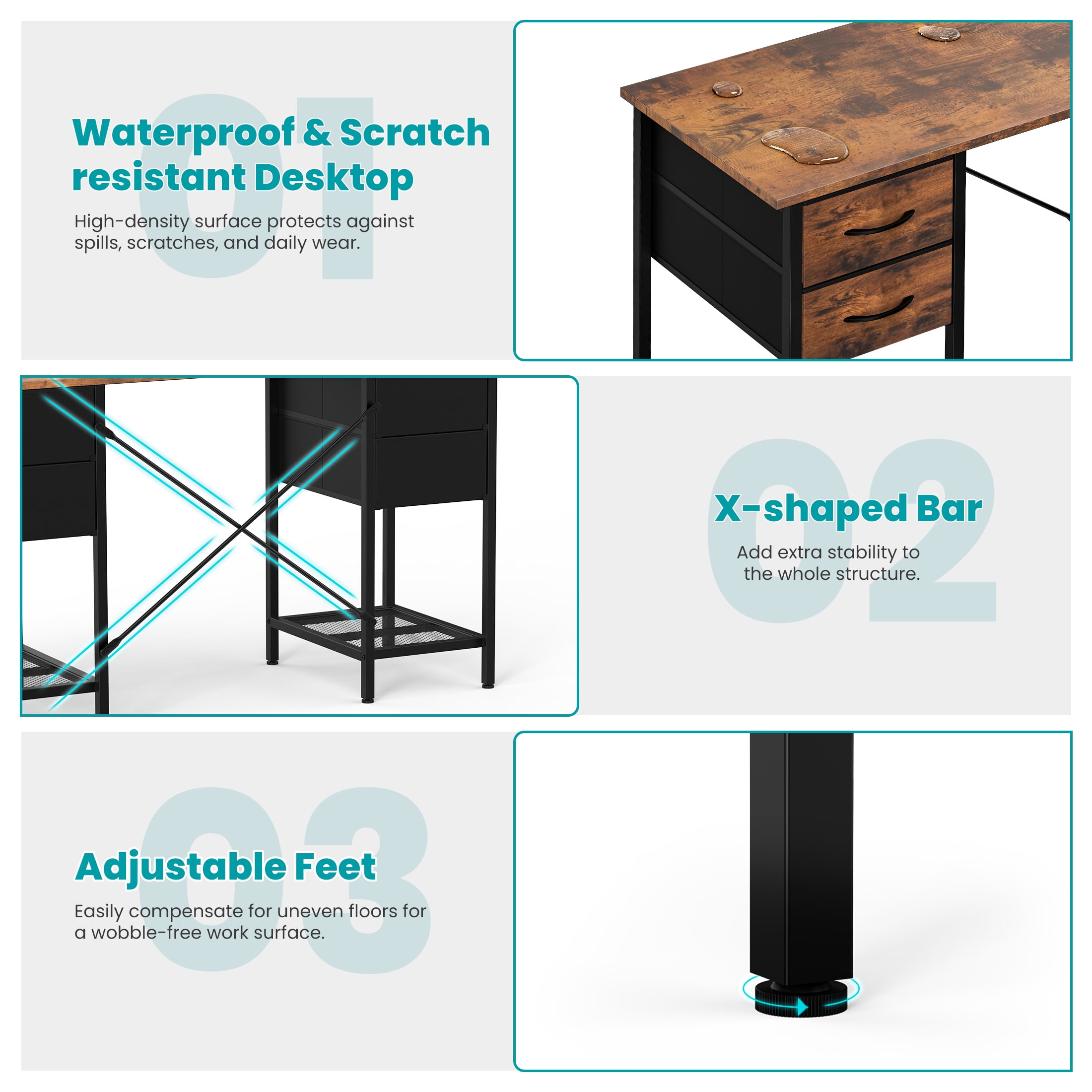 EDX 55 Inch Computer Desk with 4 Drawers, Office Desk with Mesh Shelf, Gaming Desk, Writing Work Desk , Large Storage, Rust
