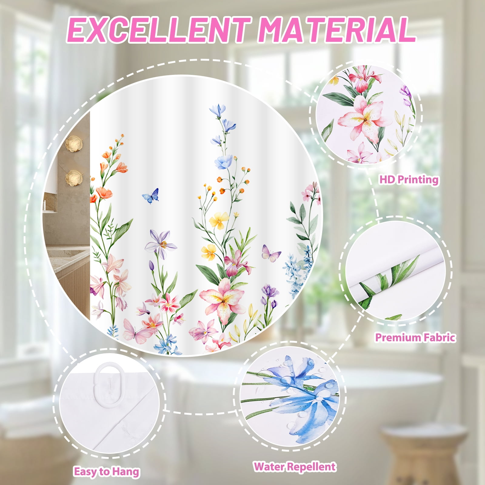 FRAMICS 16-Piece Floral Shower Curtain Sets with Rugs, Watercolor Wildflower Bathroom Sets with Hooks, Waterproof Fabric Bathroom Curtain, Machine Washable