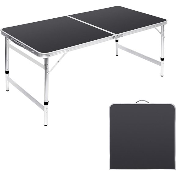 Folding Camping Table 4 Ft Foldable Picnic Table Portable 3 Height Adjustable Aluminum Camp Table Outdoor for Card BBQ Black 47.2×23.6 inch