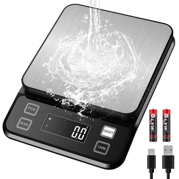 Rechargeable Food Scale, [0.1g-10kg/22lb] Diyife IP67 Full Waterproof Kitchen Scale with Adjustable LCD Display, 10 Units, Tare, PCS Counting, Auto O