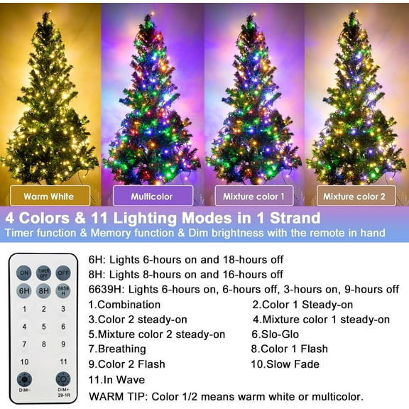 YUYAN-Christmas Lights 300 LED 108FT Color Changing Christmas Tree Lights with Warm White & Multicolor, 11 Modes Waterproof and Connectable Christmas String Lights with Remote for Xmas Decorations