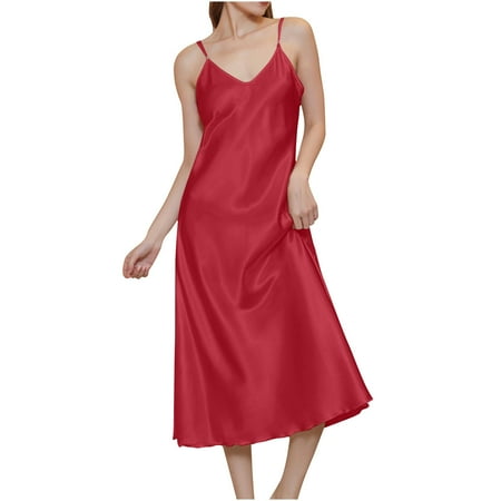 Tao Tao Women s Satin Nightgown Spaghetti Strap Slip Nightdress Chemise Negligee Lingerie Watermelon Red M