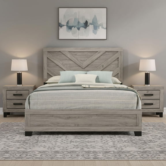 Kings Brand Furniture Napa 3-Piece Light Grey Bedroom Set – Wood Bed Frame with Panel Headboard & 2 Nightstands (Queen)